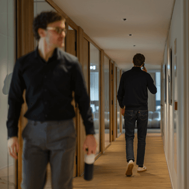 Twee mannen in kantoorhal één telefonerend en één met koffiebeker HVK Stevens